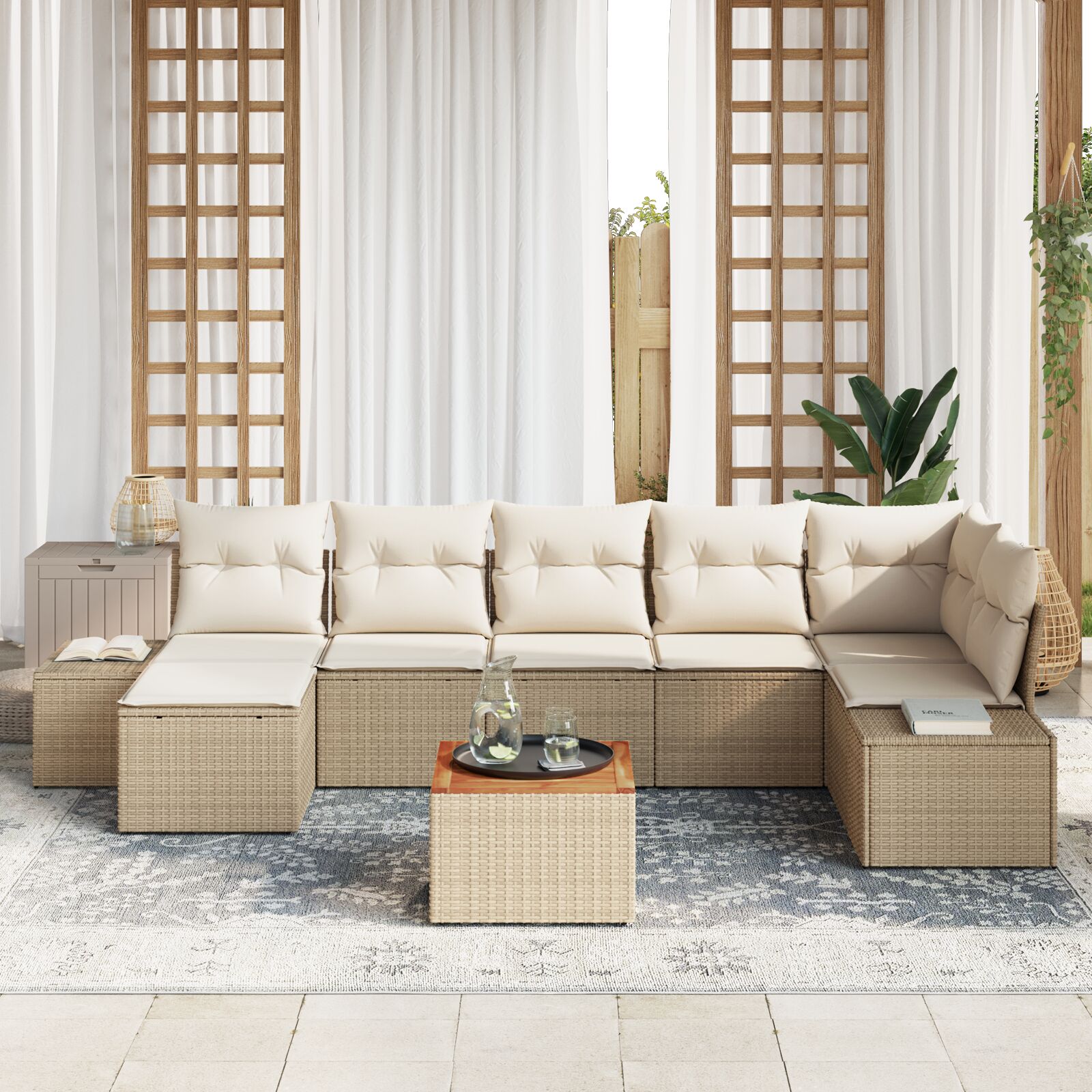 8-Delige Tuinsofa Set Met Kussens Beige Poly Rattan Acacia