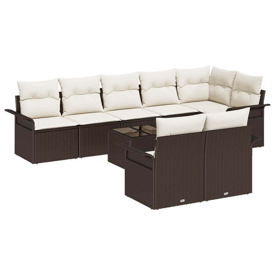8-Delige Tuinbankset Met Kussens Grijs Poly Rattan Bruin en crème met tafel
