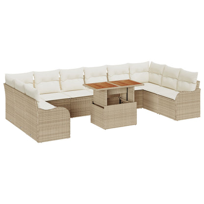11-Delige Tuin Sofa Set Met Kussens Beige Poly Rattan,  2-Zitter Tuin Sofa Met Opbergruimte & Kussens Beige Poly Rattan