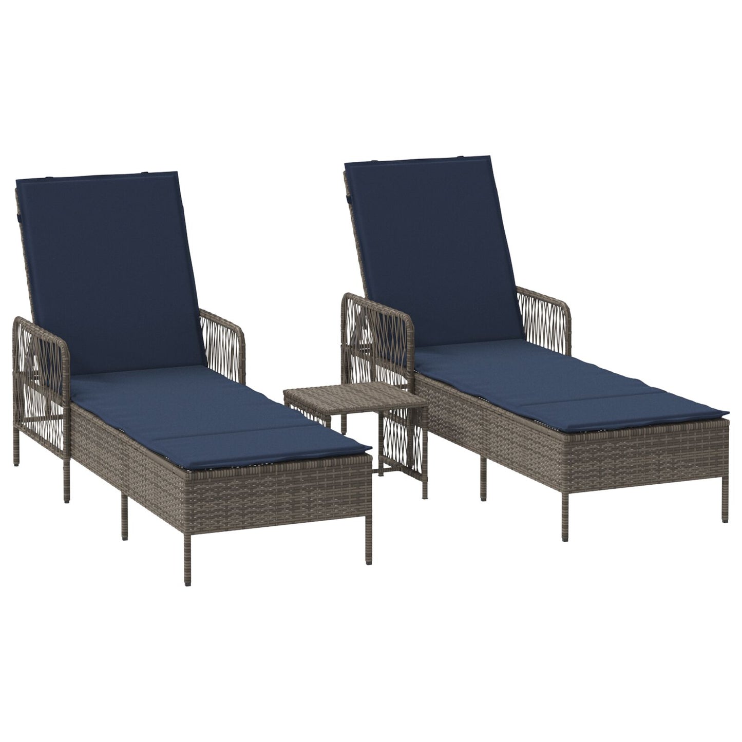 Zonnebank Set Van 3 Grijs En Marineblauw Pe Riet, Metaal Vouwbaar
