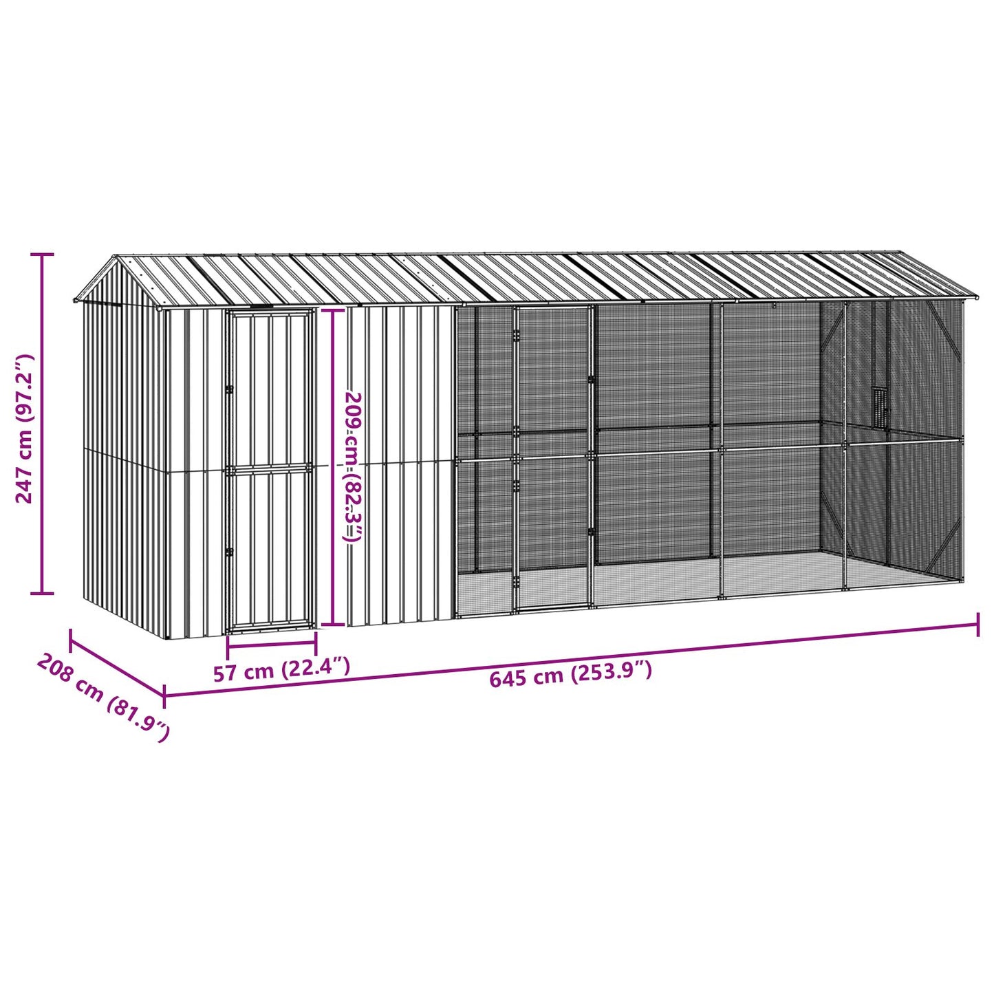 Vogelvolière Met Verlenging Antraciet 210X640X247 Cm Staal