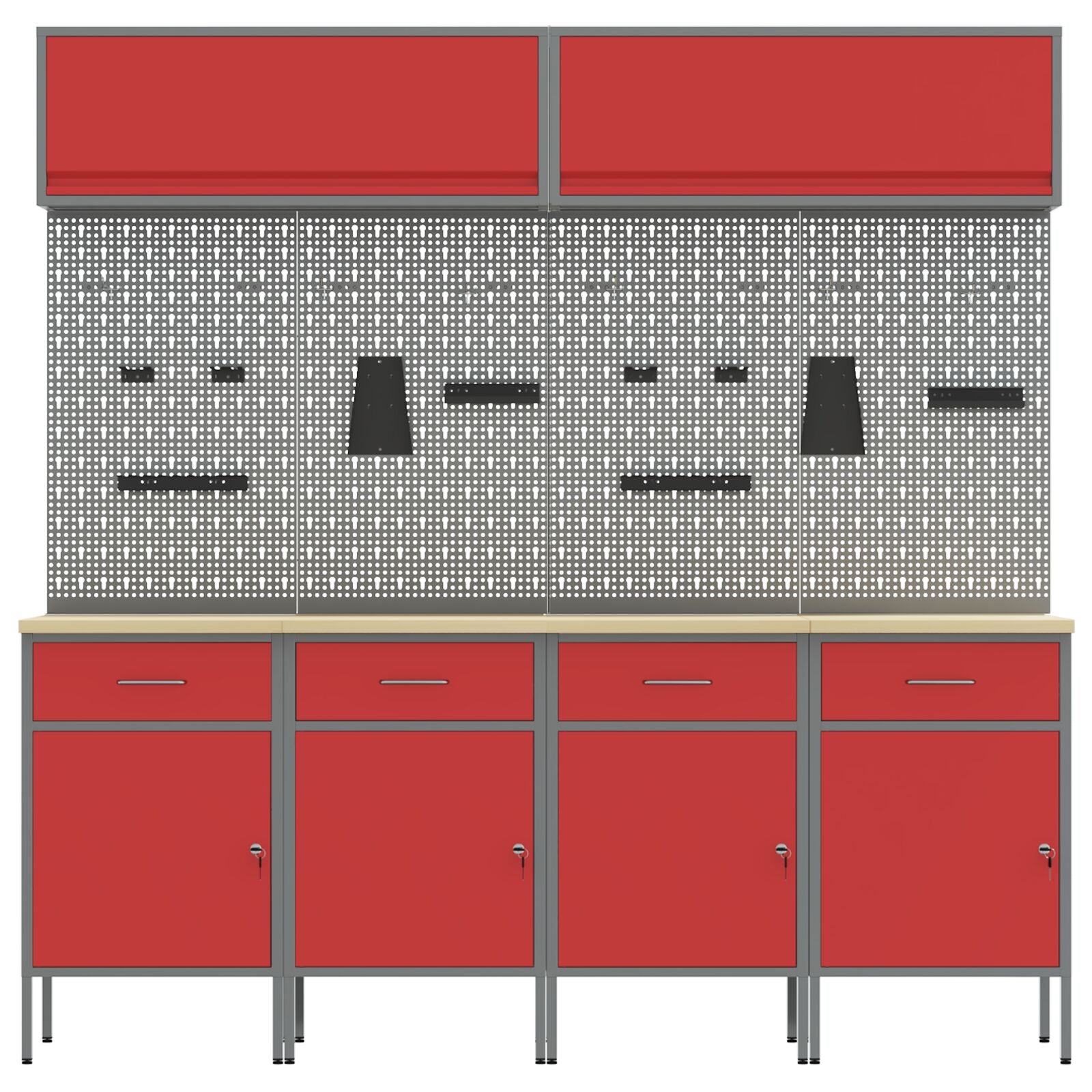 10-Delige Werkcabinet En Pegboard Set Mdf En Metaal 4x (84 cm) Rood 4x kast + 4x pegboard + 2x kast met deur