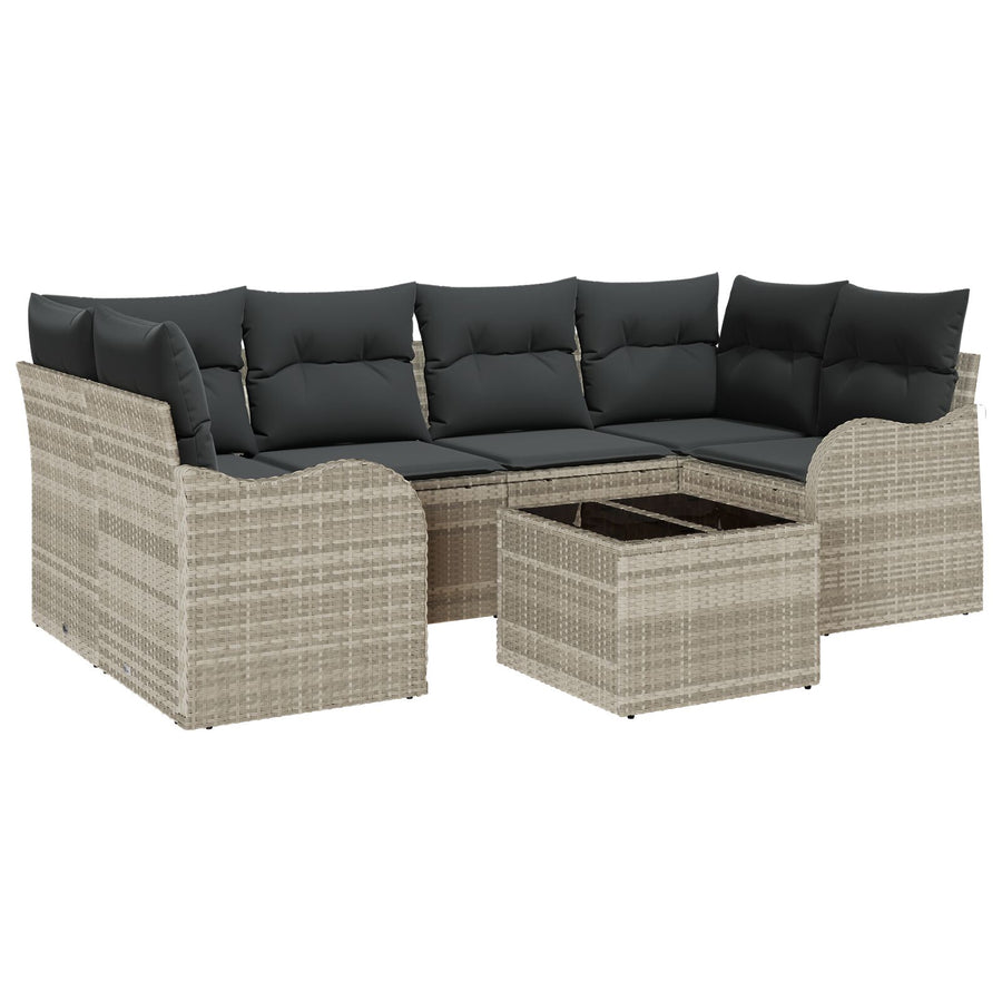 7-delige Tuin Sofa Set met Kussens Lichtgrijs Poly Rattan, vidaXL 2-zitter Tuin Sofa met Kussens Lichtgrijs Poly Rattan