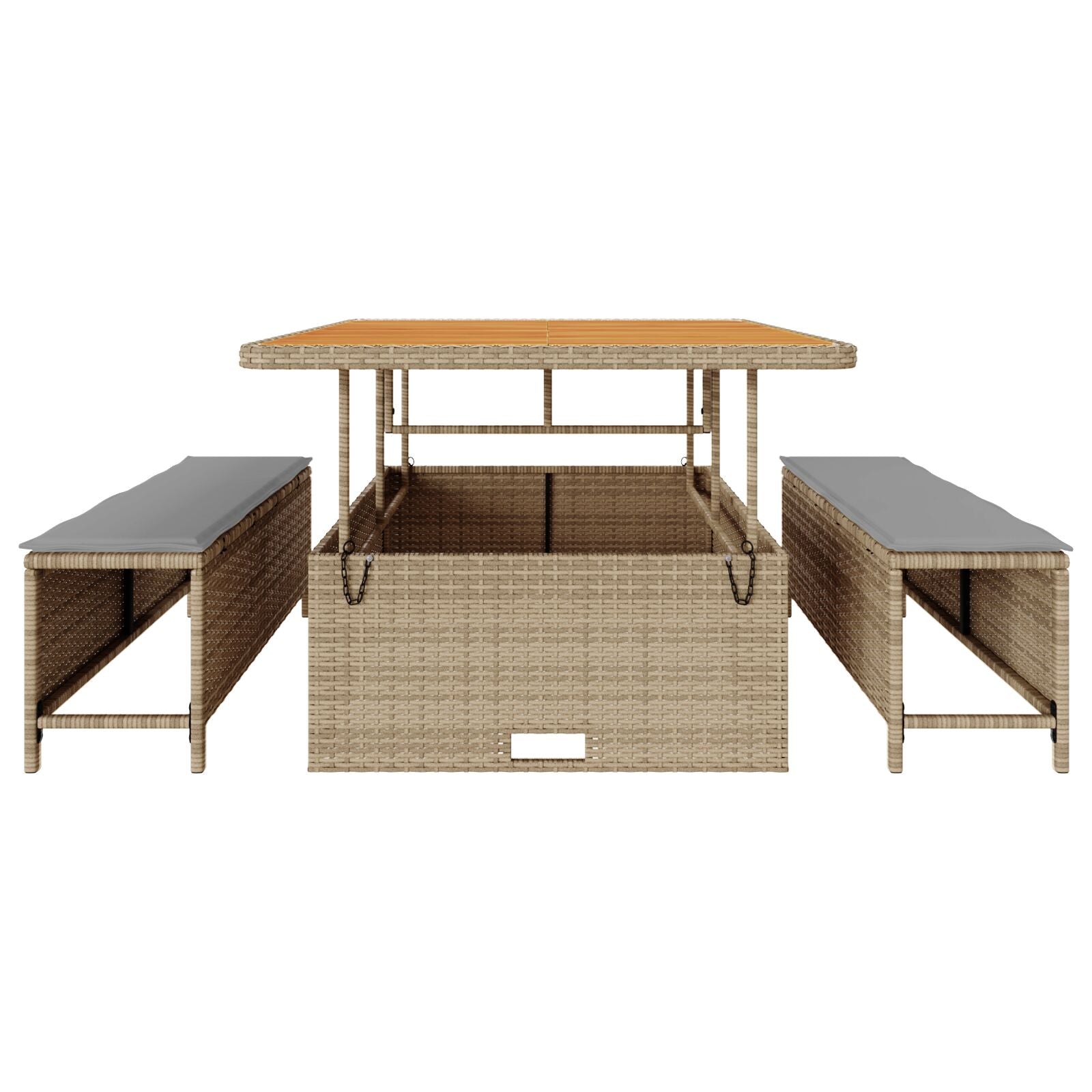 3-Delige Tuin Eettafelset Met Kussens Poly Rattan Acacia 100 cm Beige en grijs 2 krukken