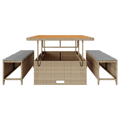 3-Delige Tuin Eettafelset Met Kussens Poly Rattan Acacia 100 cm Beige en grijs 2 krukken