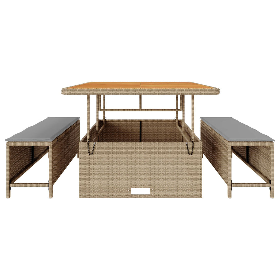 3-Delige Tuin Eettafelset Met Kussens Poly Rattan Acacia 100 cm Beige en grijs 2 krukken