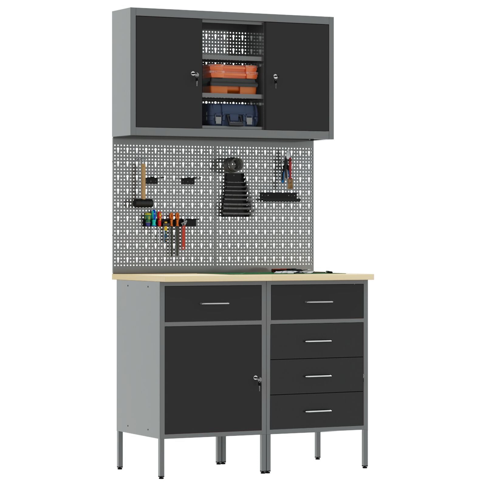 5-Delige Werkbank Set Staal 2x (84/85 cm) Zwart 2x kast + 2x pegboard + kast met deur