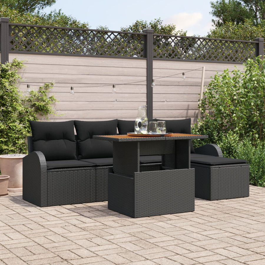 6-Delige Tuindining Set Met Kussens Zwart Poly Rattan Acacia