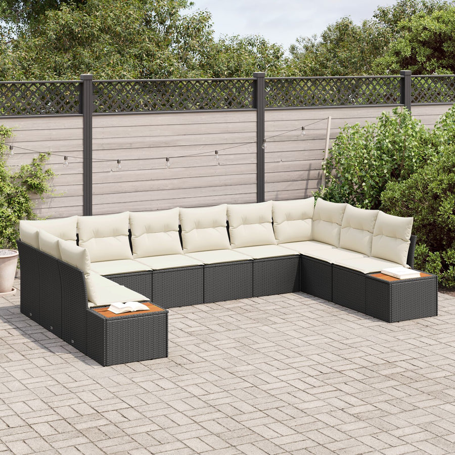 10-Delige Tuinbankenset Met Kussens Zwart Poly Rattan Acacia