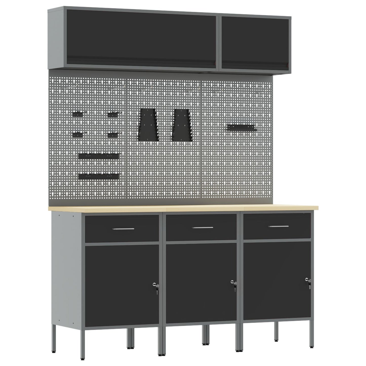 8-Delige Werkbankset - Staal 3x (84 cm) Zwart 3x kast + 3x pegboard + 2x kast met deur