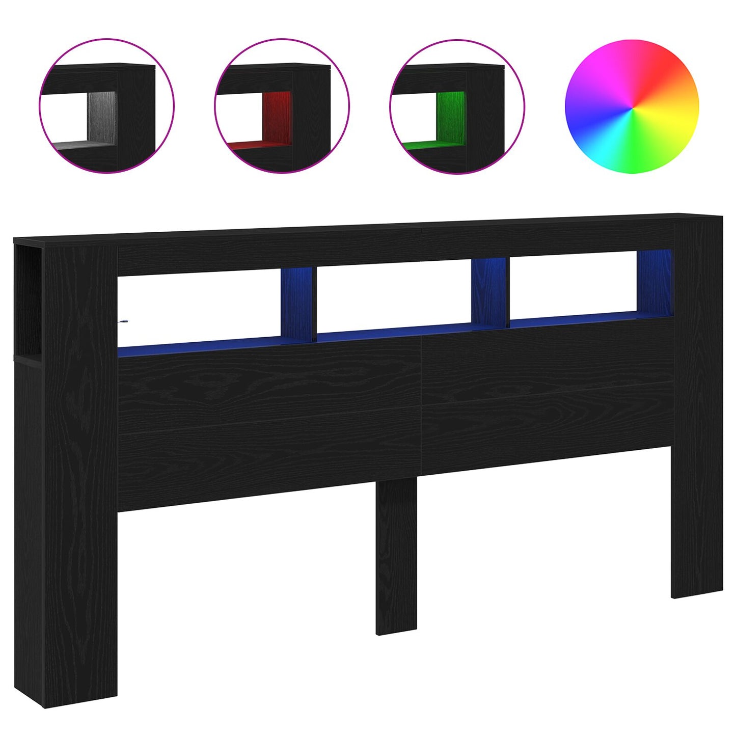 Opslage Headboard Met Led Verlichting Zwart Eiken 200X18,5X103,5 Cm