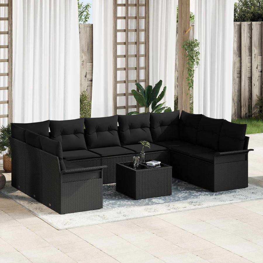 10-Delige Tuinsalonset Met Kussens Beige Poly Rattan Zwart met tafel