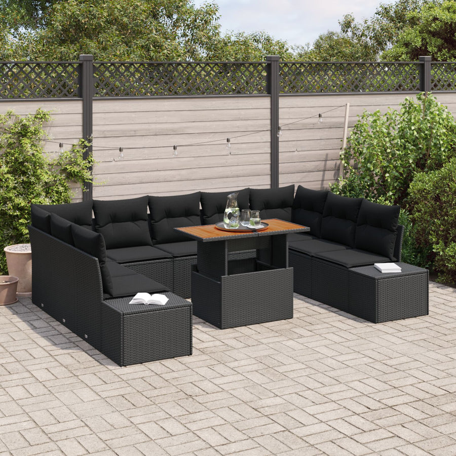 10-Delige Tuin Sofa Set Met Kussens Zwart Poly Rattan