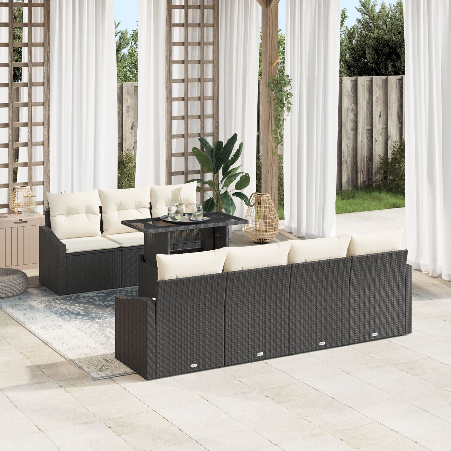 Tuin Sofa Set Set Van 8 Beige, Zwart Rieten, Polyester, Staal