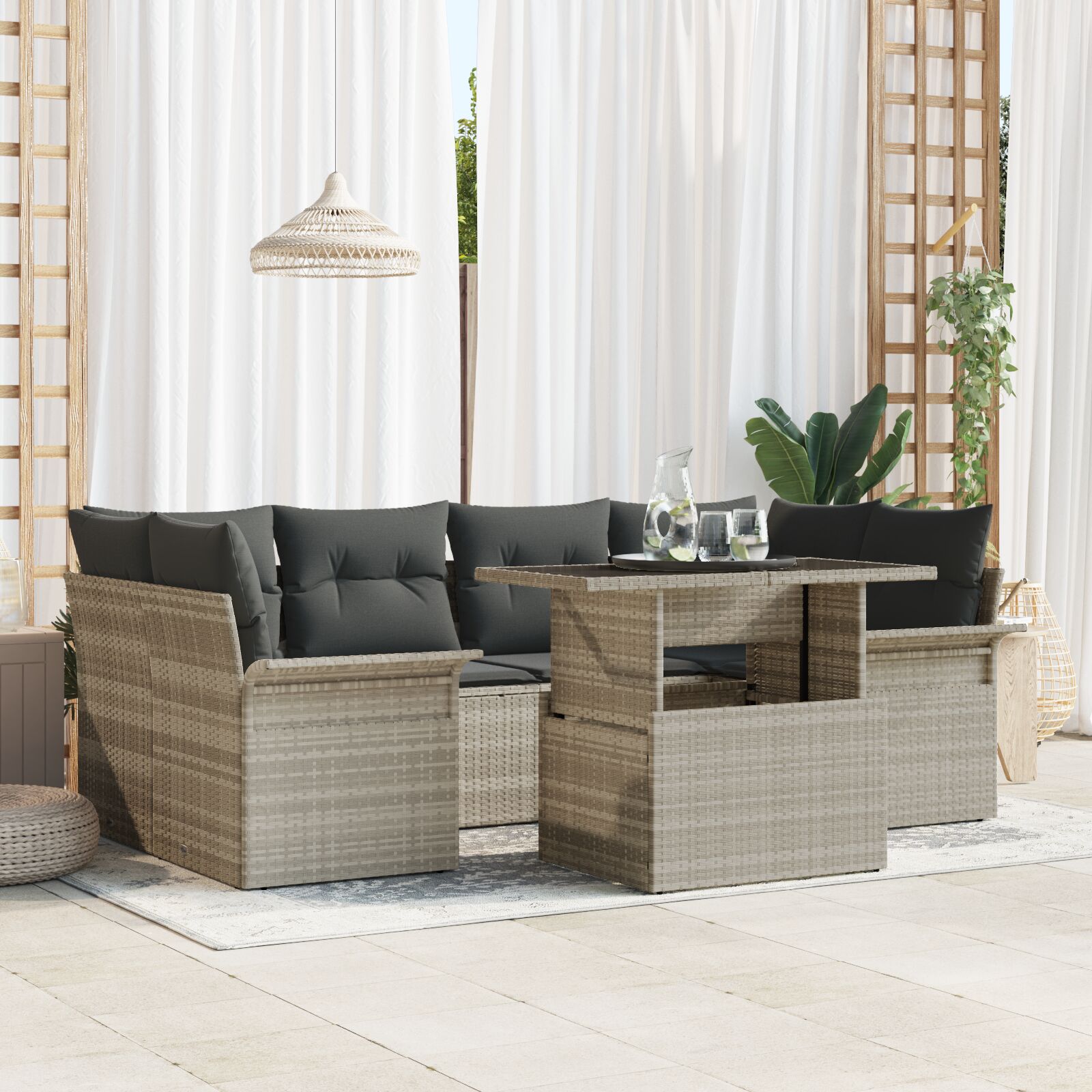 7-Delige Tuinbankset Met Kussens Licht Grijs Poly Rattan