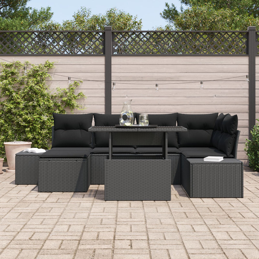 Tuinbank Set Set Van 7 Zwart Rattan, Polyester Tuin Hoekbank