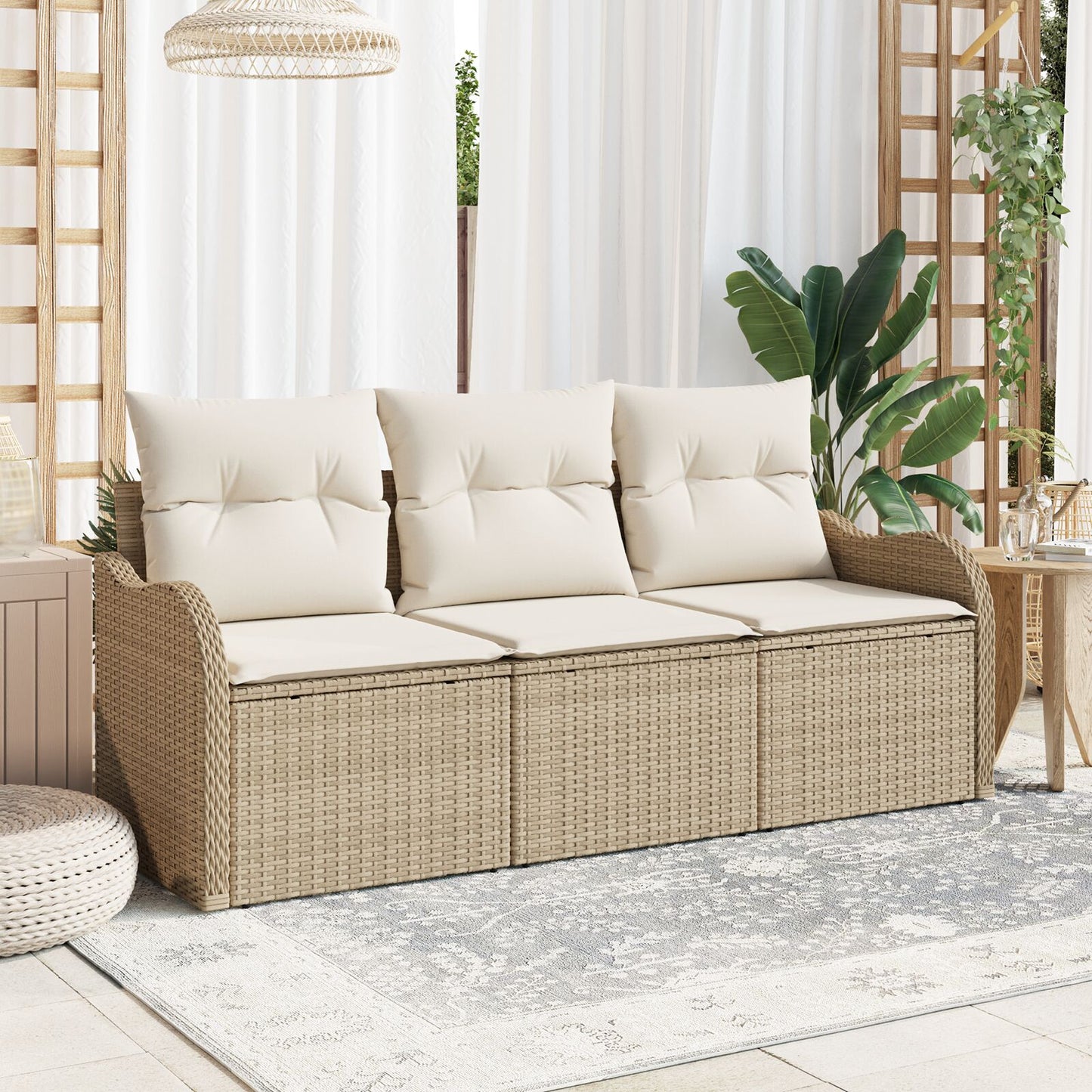 3-Delige Tuin Sofa Set Met Kussens Beige Poly Rattan