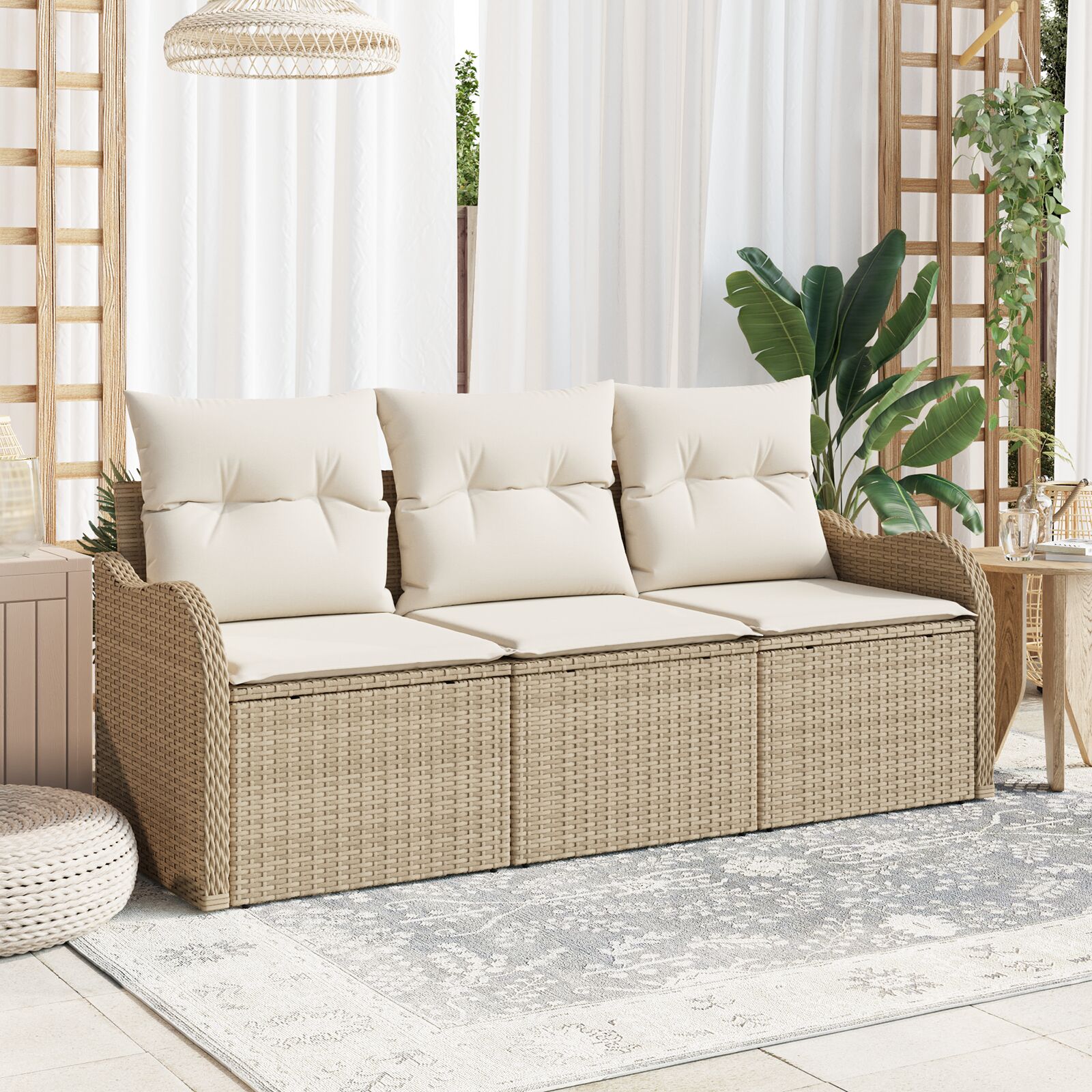 3-Delige Tuin Sofa Set Met Kussens Beige Poly Rattan