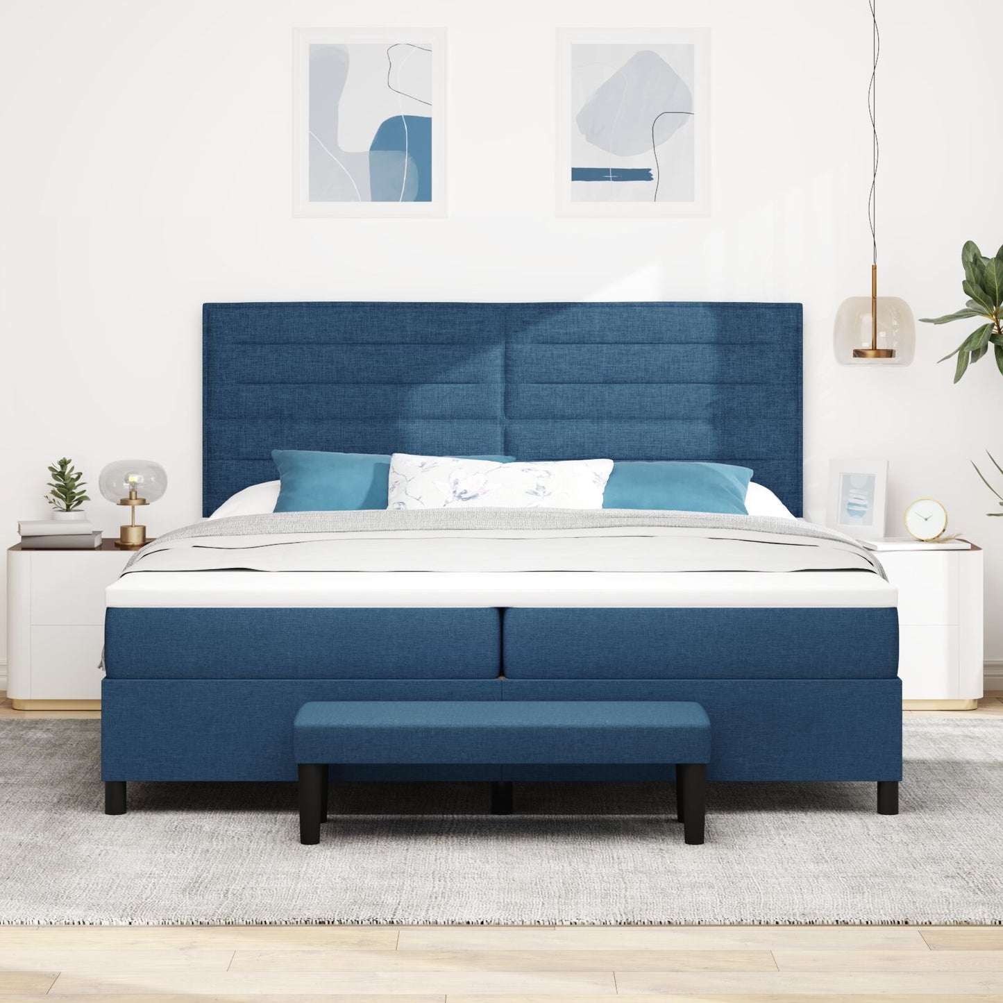 Boxspring Bed Met Matras & Bank Stof Blauw 200 x 200 cm Lijnen ontwerp