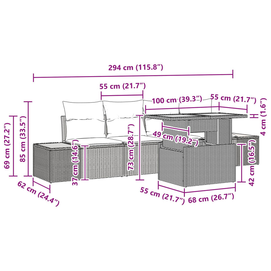 Tuin Sofa Set Set Van 5 Beige Rattan 5-Delige Tuinset