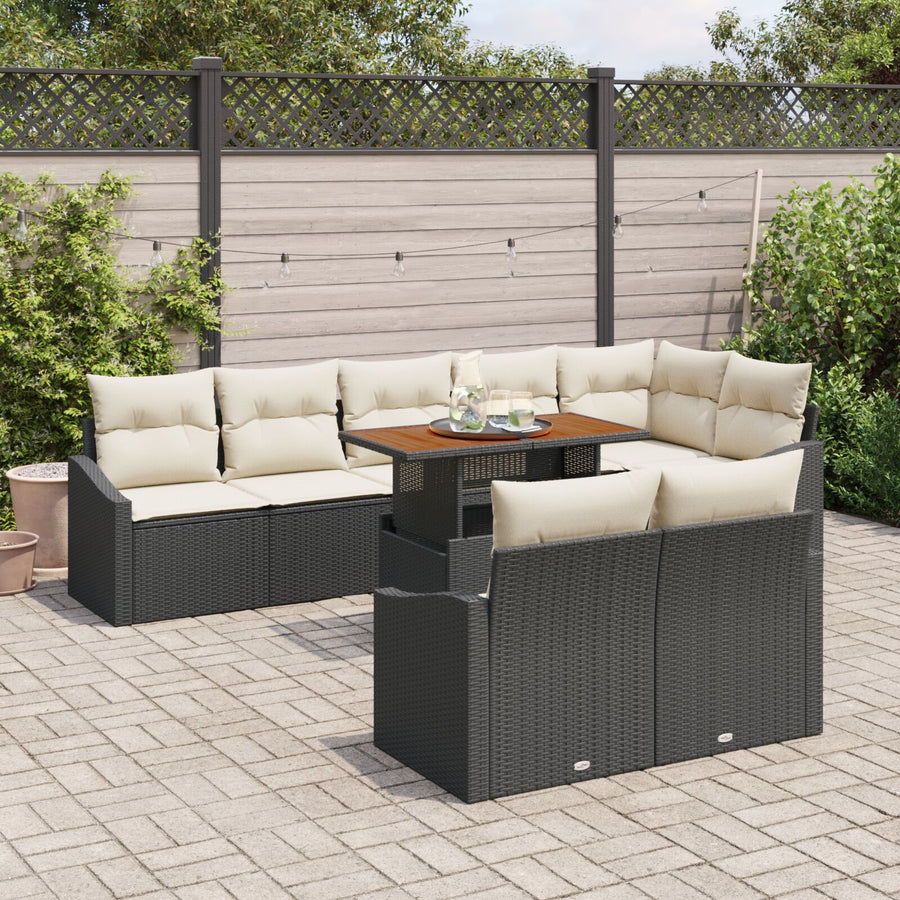 9-Delige Tuin Eetset Met Kussens Zwart Poly Rattan Acacia