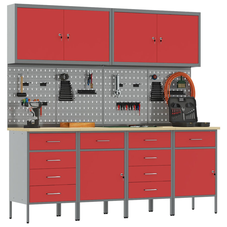 10-Delige Werkcabinet En Pegboard Set Mdf En Metaal 4x (2x84/2x85 cm) Rood 4x kast + 4x gereedschapspaneel + 2x gereedschap kast