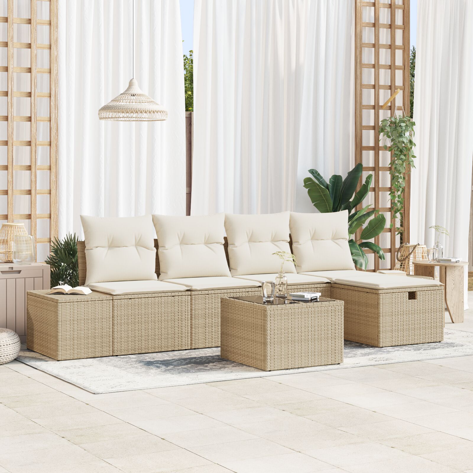 6-Delige Tuin Sofa Set Met Kussens Beige Poly Rattan Wit