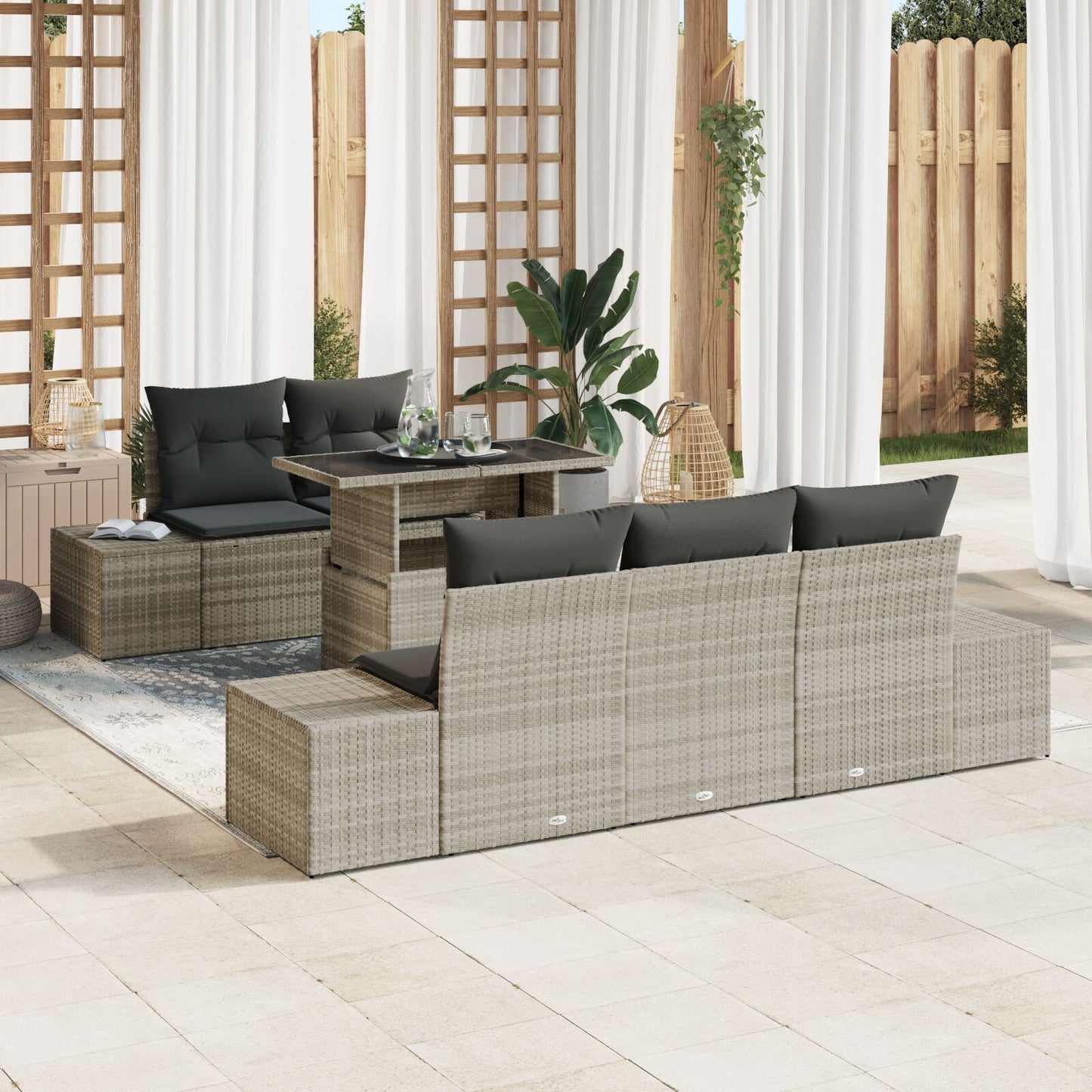 6-Delige Tuin Sofa Set Met Kussens Licht Grijs Poly Rattan