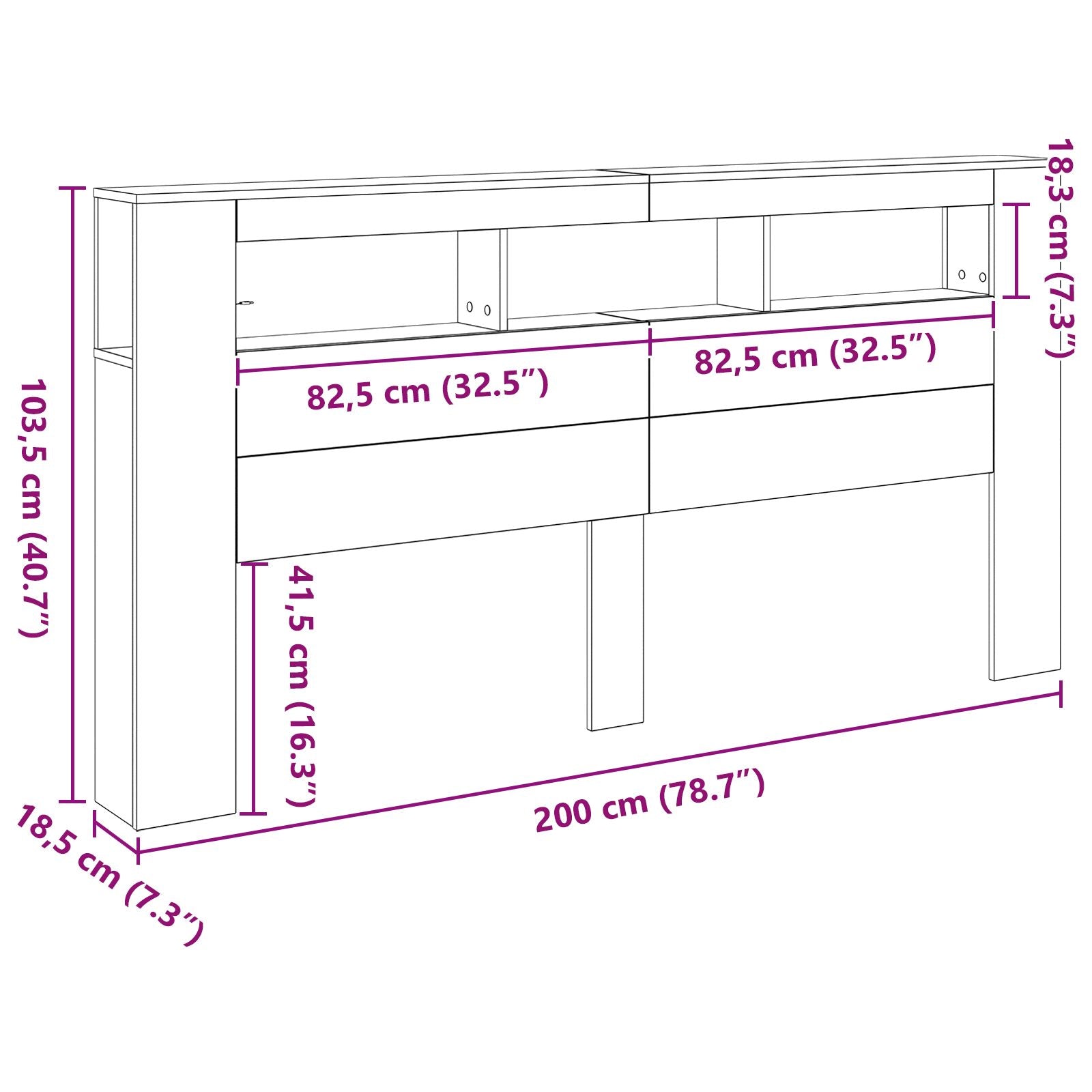 Opslage Headboard Met Led Verlichting Zwart Eiken 200X18,5X103,5 Cm