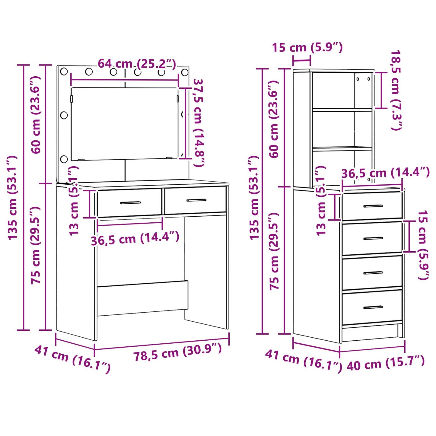 2-Delige Dressingtafel Set Met Led Grijze Sonoma Bewerkt Hout