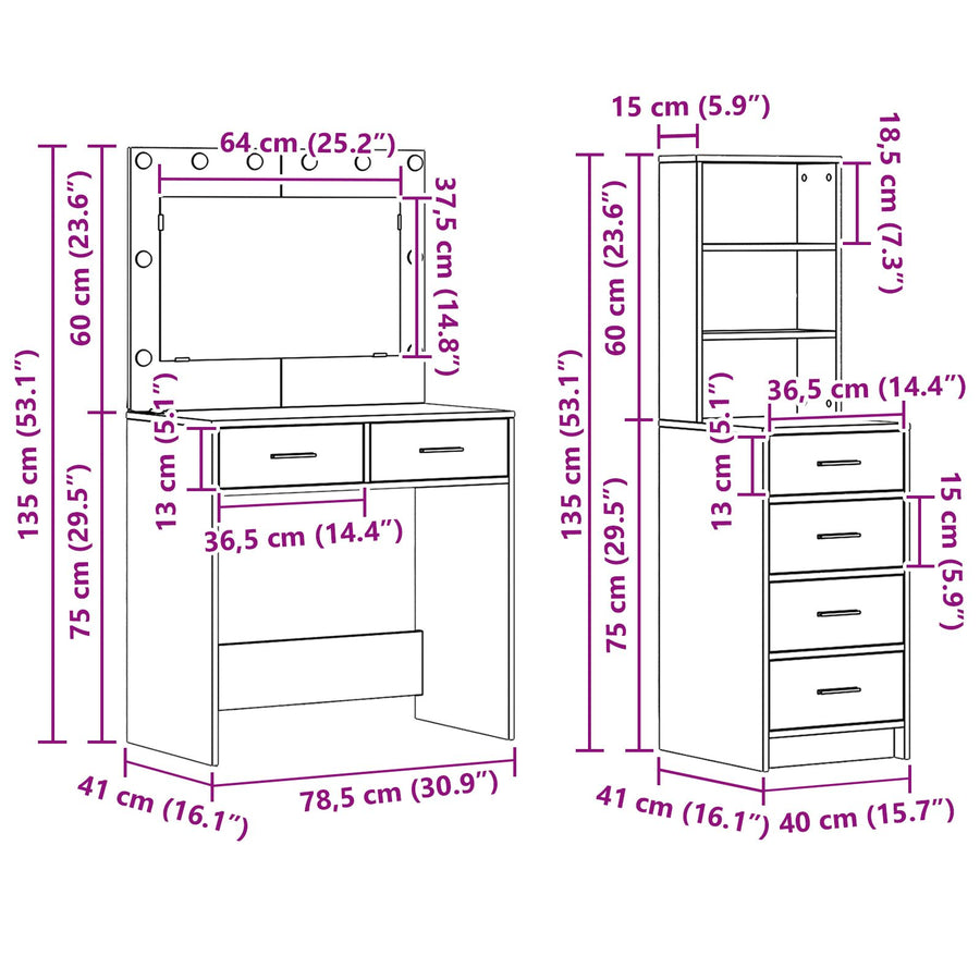 2-Delige Dressingtafel Set Met Led Grijze Sonoma Bewerkt Hout
