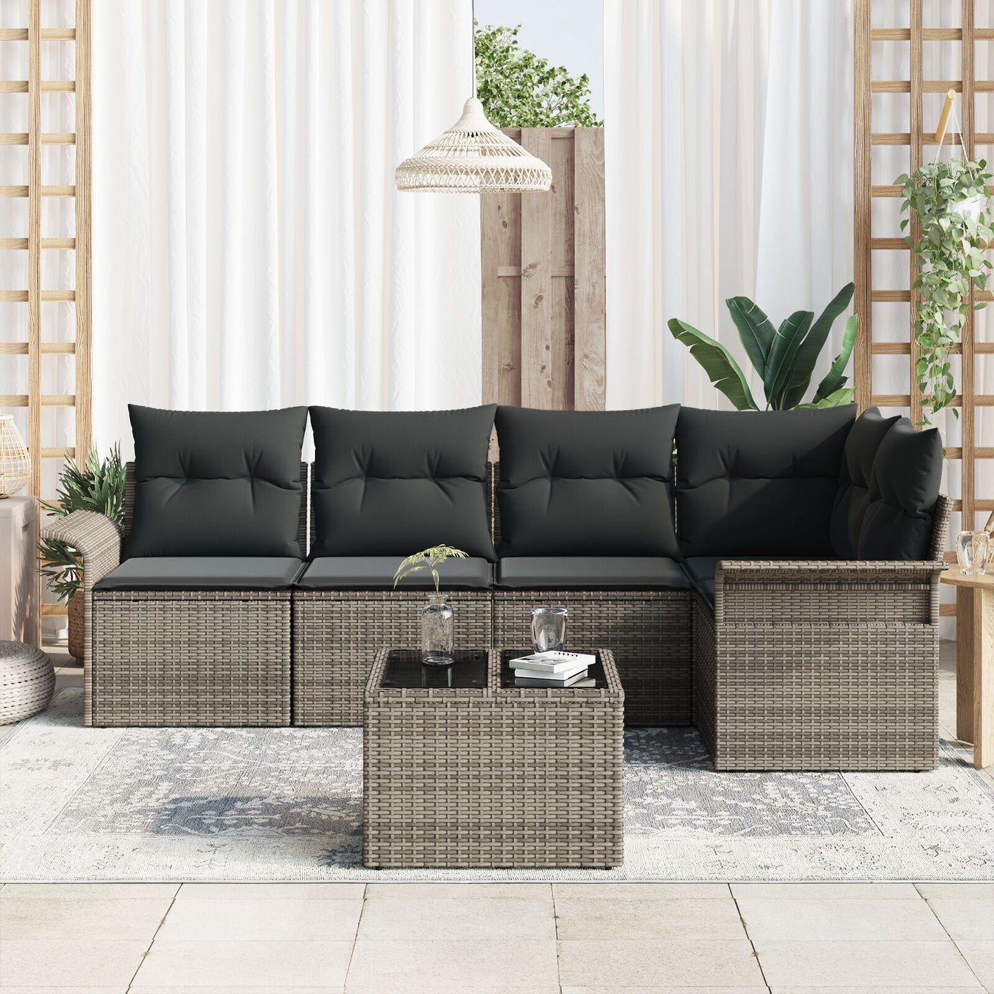 5-Delige Tuin Sofa Set Met Kussens Zwart Poly Rattan