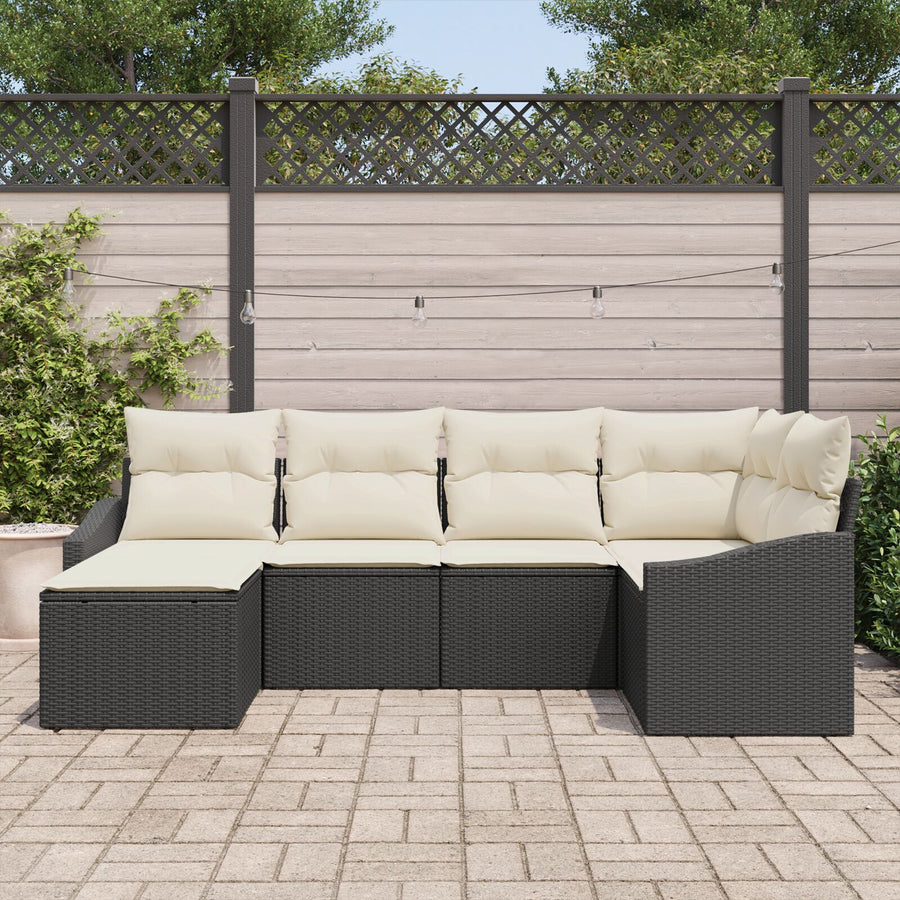 Tuin Eetset Set Van 6 Beige, Zwart Riet, Polyester Kussens
