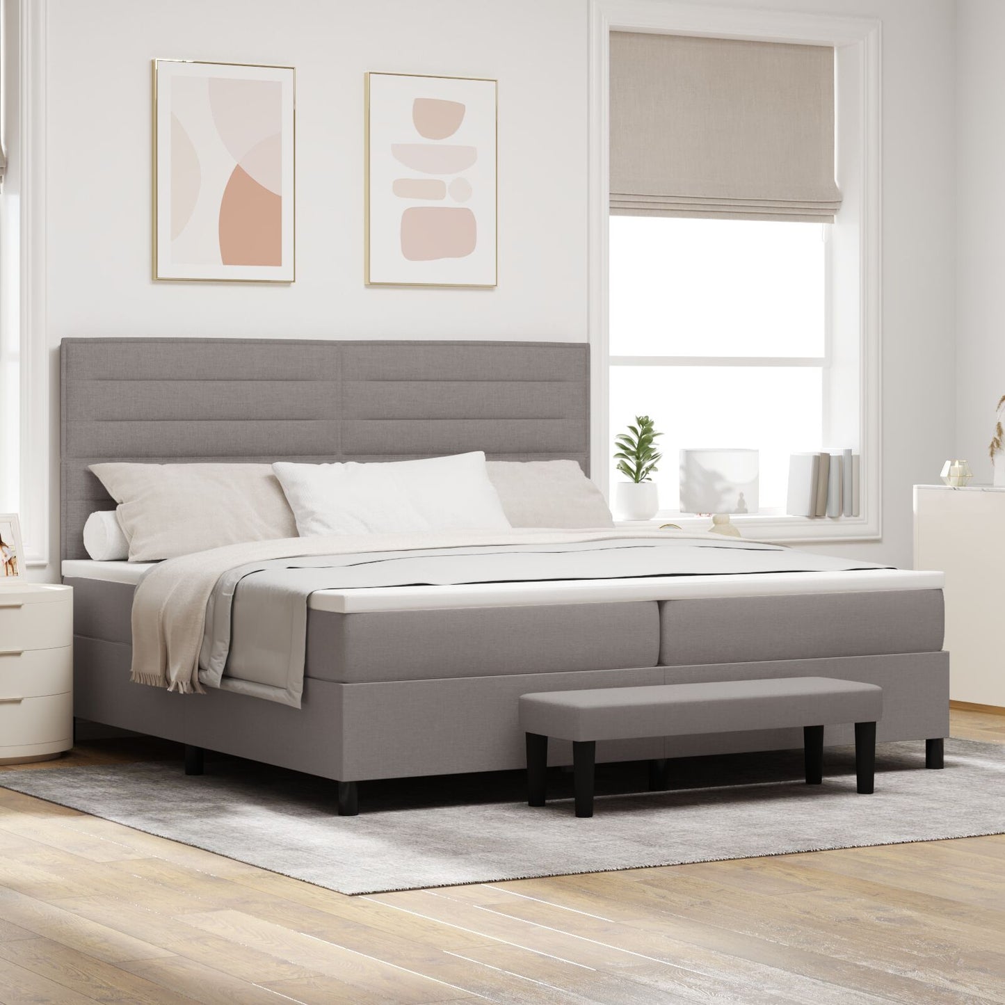Boxspring Bed Met Matras & Bank Stof Taupe 200 x 200 cm Lijnen ontwerp