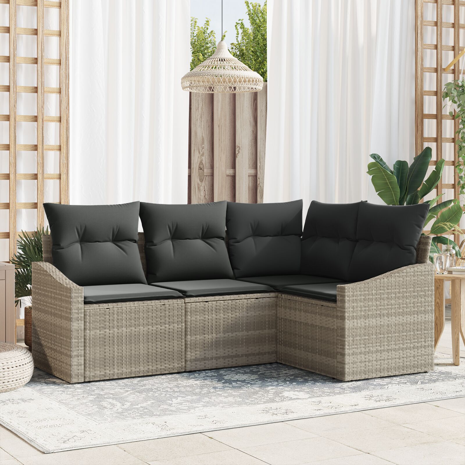 Tuin Sofa Set Set Van 4 Beige, Zwart Rattan Tuin Hoeksalon
