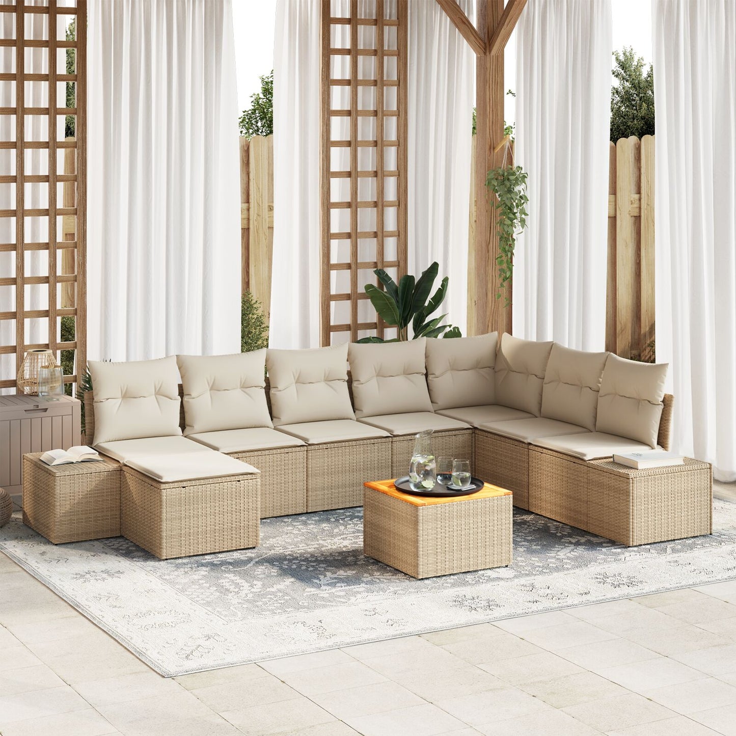 9-Delige Tuin Sofa Set Met Kussens Beige Poly Rattan Acacia