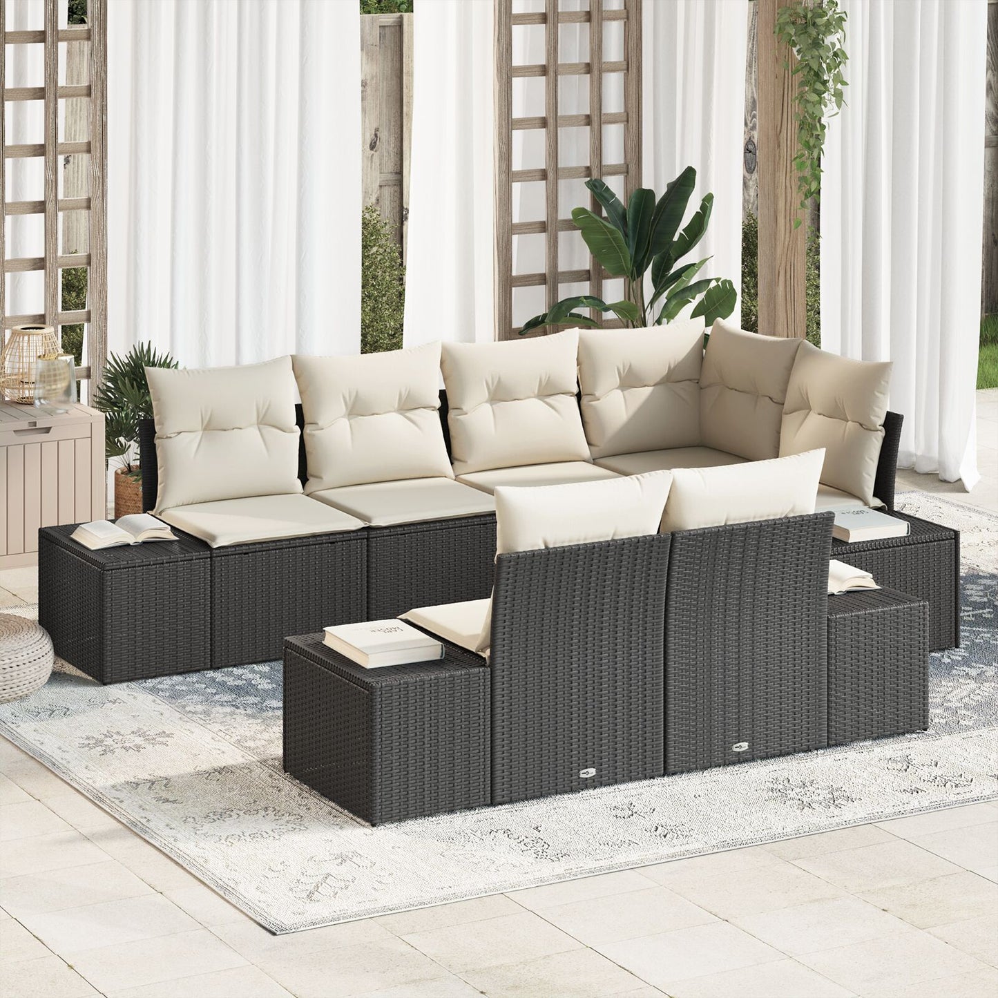 7 Delige Tuin Sofa Set Met Kussens Zwart Poly Rattan
