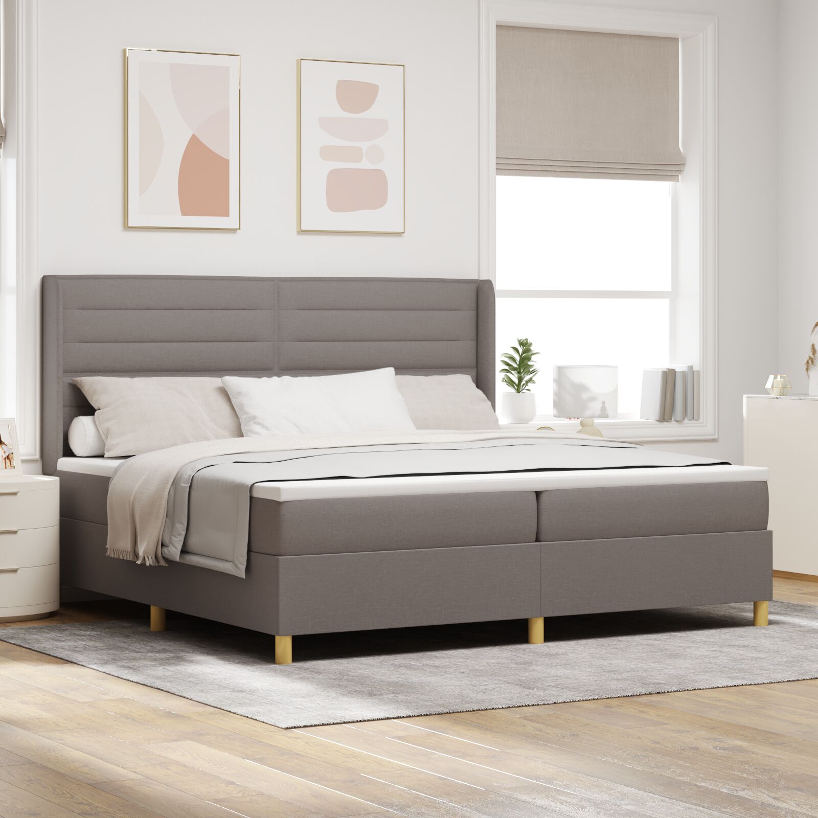 Boxspring Bed Met Matras Taupe 200X200 Cm Stof Blauw