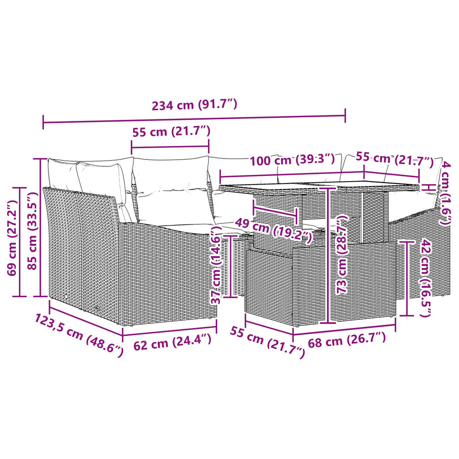 7-Delige Tuin Sofa Set Met Kussens Grijs Poly Rattan