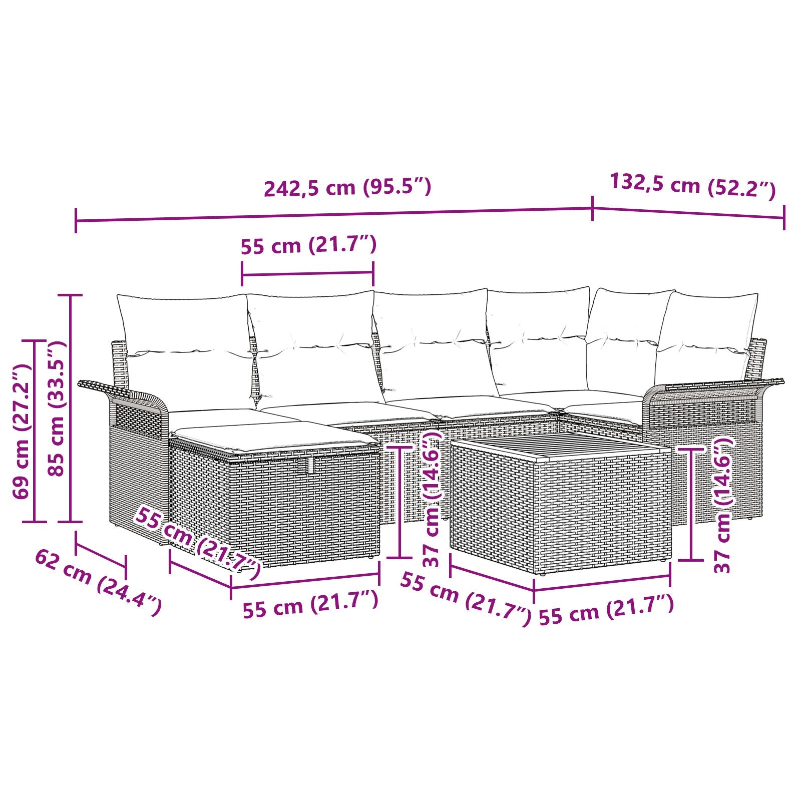 7-Delig Tuin Sofa Set Met Kussens Grijs Poly Rattan