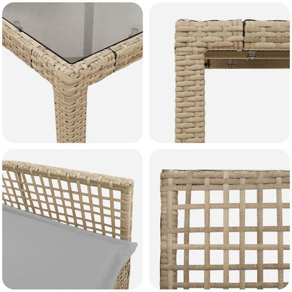 Set Van 4 Beige Poly Rattan, Gehard Glas, Gepoedercoat Staal