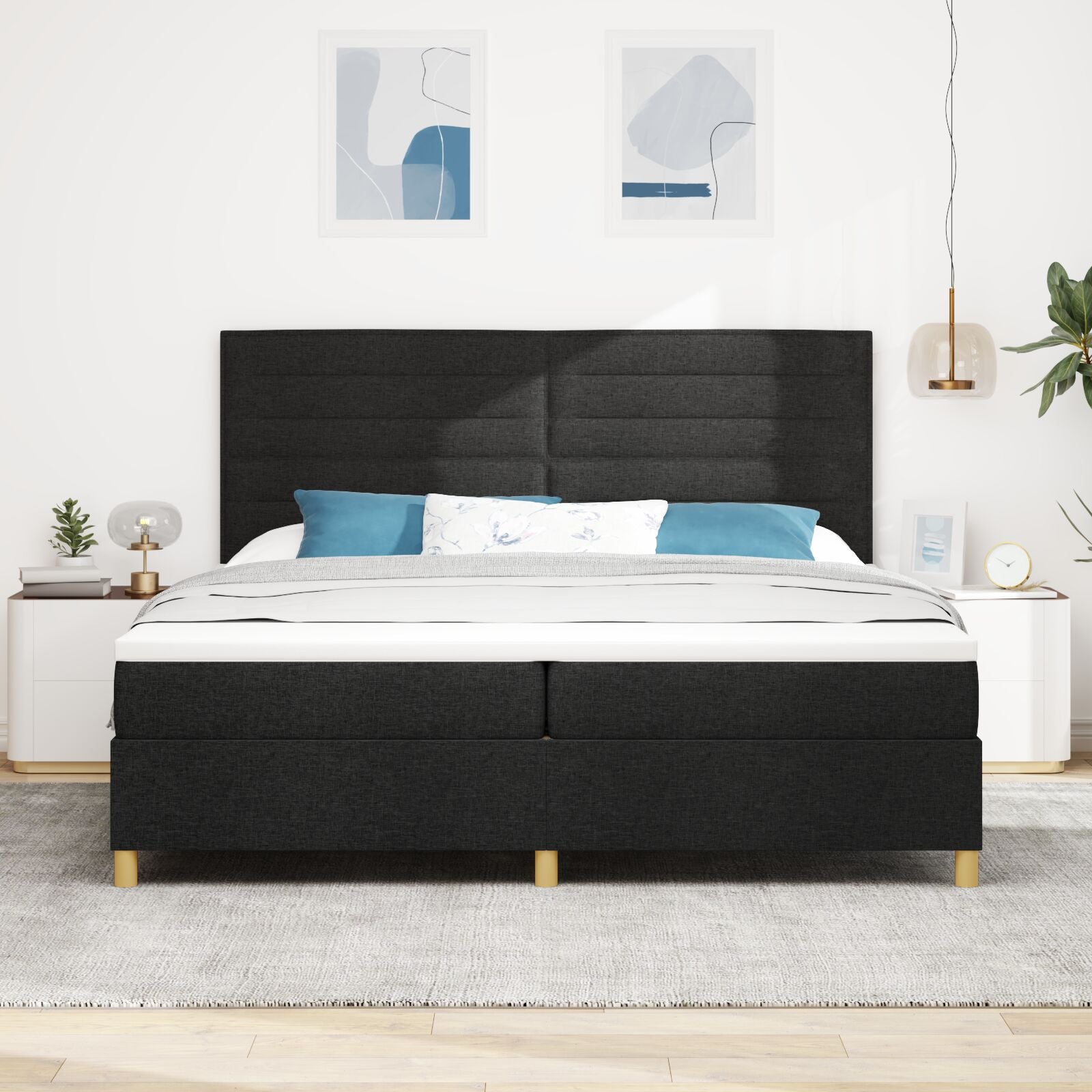 Boxspring Bed Zwart Stof 200 X 200 Cm Duurzaam Zwart Bedframe Blauw