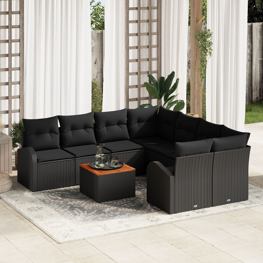 9-Delige Tuin Sofa Set Met Kussens Zwart Poly Rattan Acacia