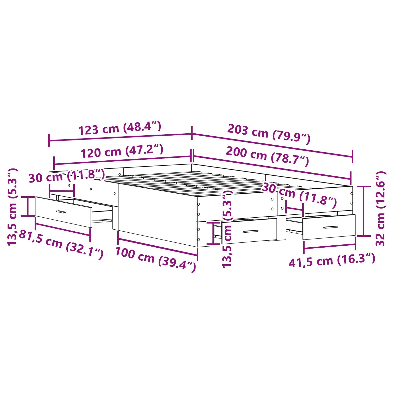 Bed Frame Met Lades Oud Hout 120X200 Cm Bewerkt Hout Ambachtelijk Eiken