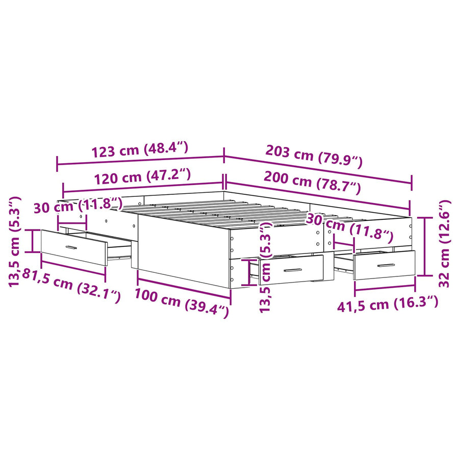 Bed Frame Met Lades Oud Hout 120X200 Cm Bewerkt Hout Ambachtelijk Eiken