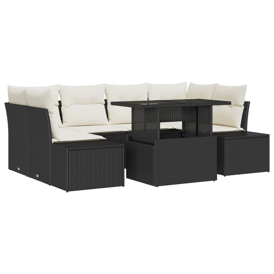 7-Delige Tuin Sofa Set Met Kussens Zwart Poly Rattan