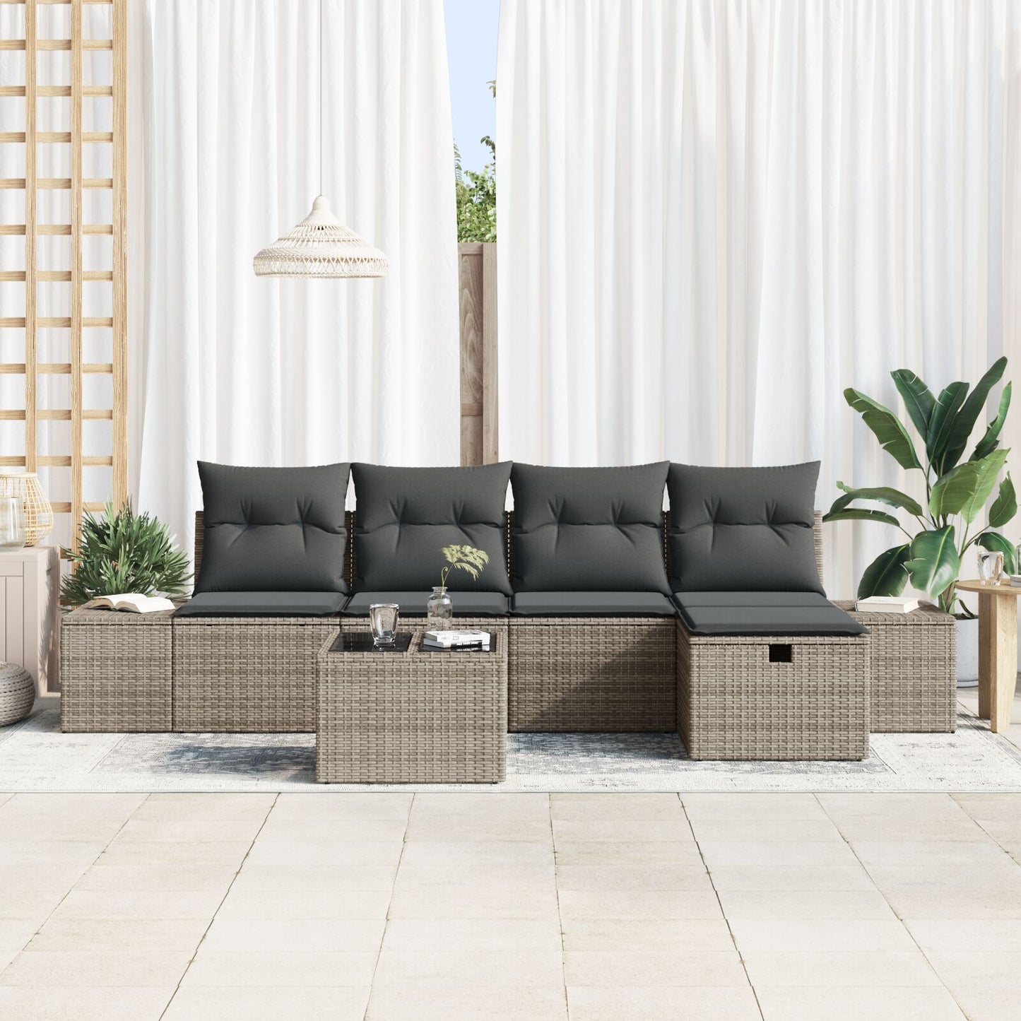 6-Delige Tuin Sofa Set Met Kussens Grijs Poly Rattan Wit