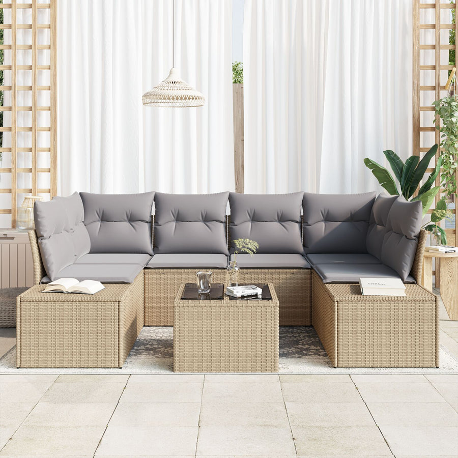 7-Delige Tuinbankset Met Kussens Beige Poly Rattan