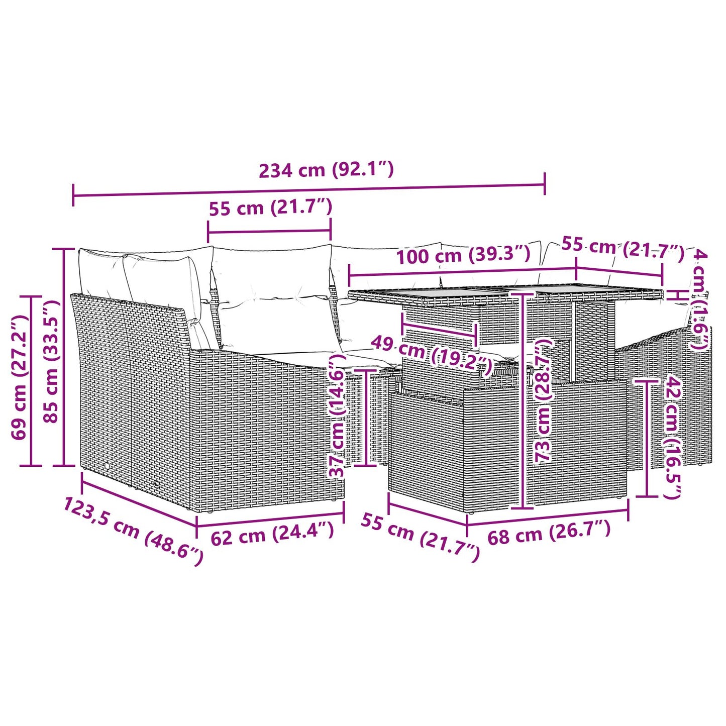 Tuin Sofa Set Set Van 7 Zwart Poeder-Gecoat Staal En Rattan