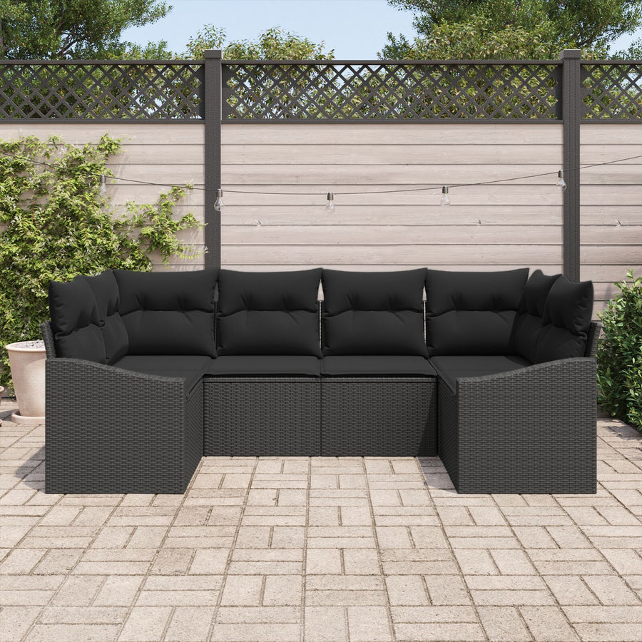 6-Delig Tuinbankstel Met Kussens Zwarte Poly Rattan